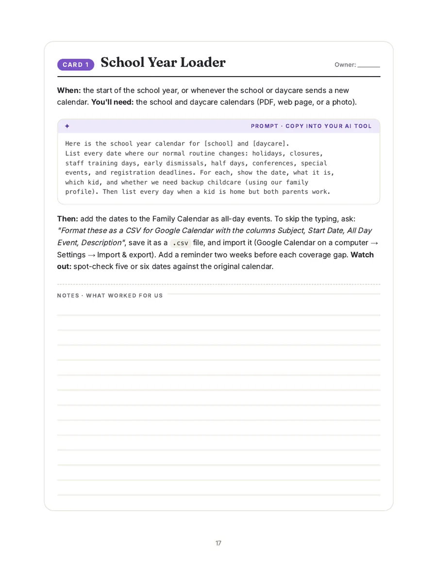 A printable playbook card: School Year Loader
